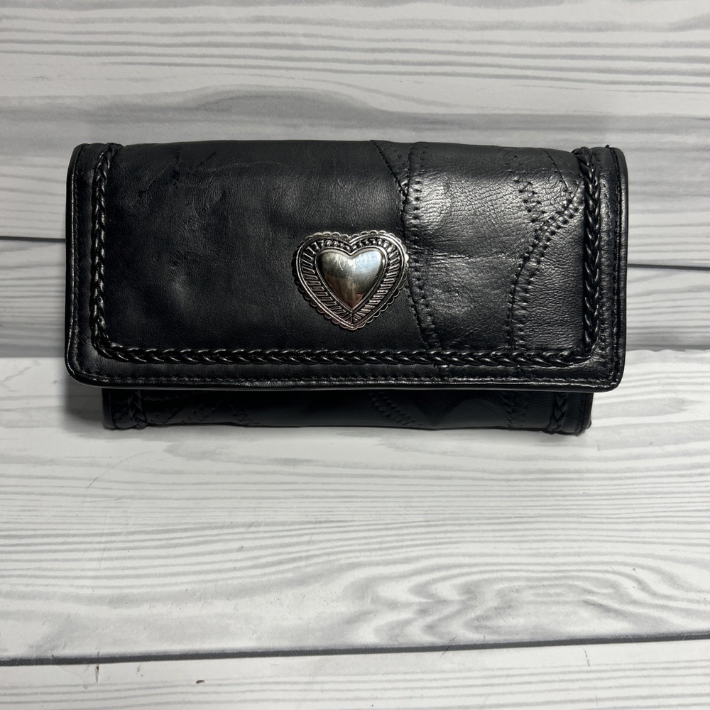 Vintage Brighton Black Heart Accent Tri-Fold Wallet Credit Card Folding Women